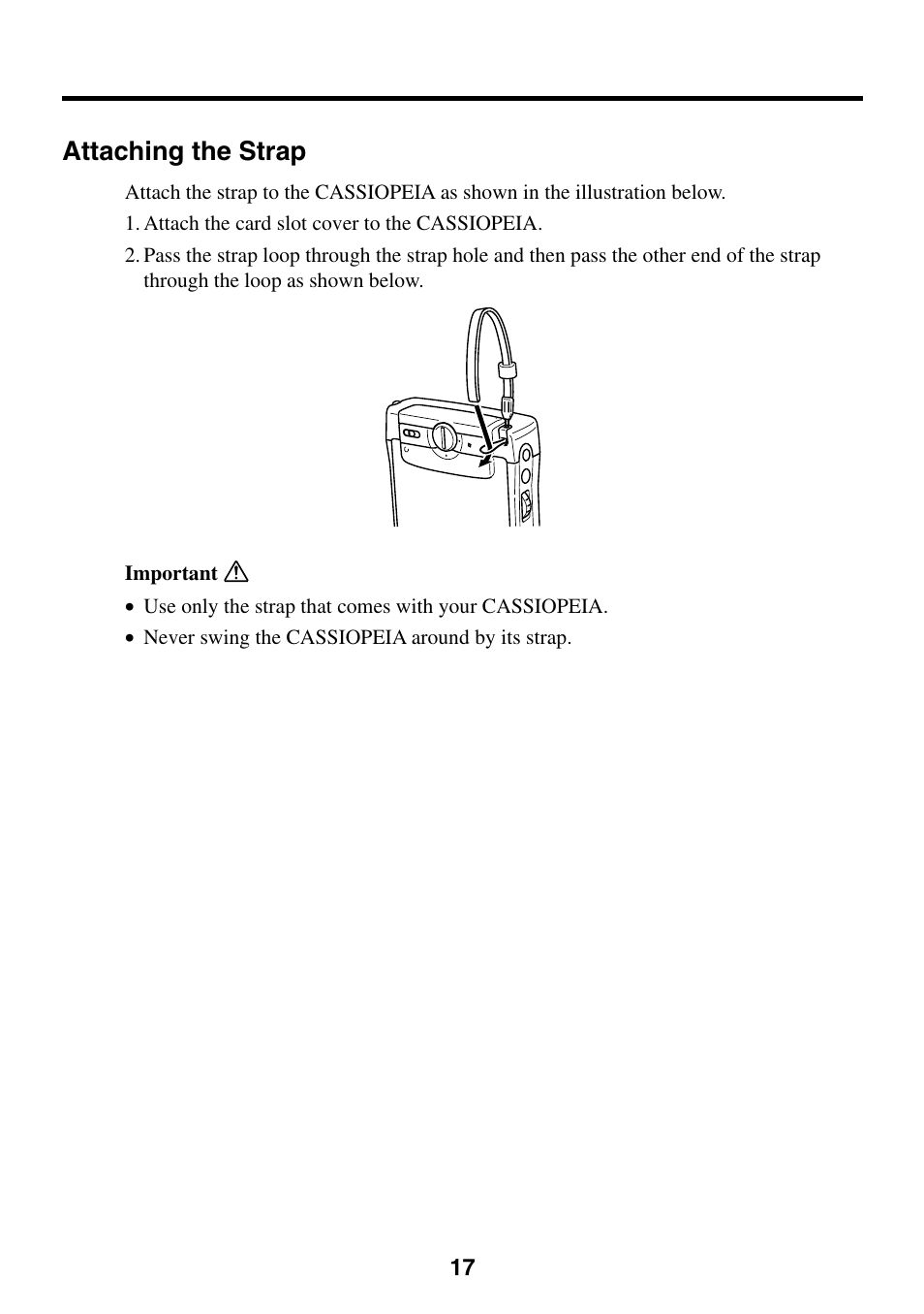 Attaching the strap | Casio EG-800 User Manual | Page 17 / 55