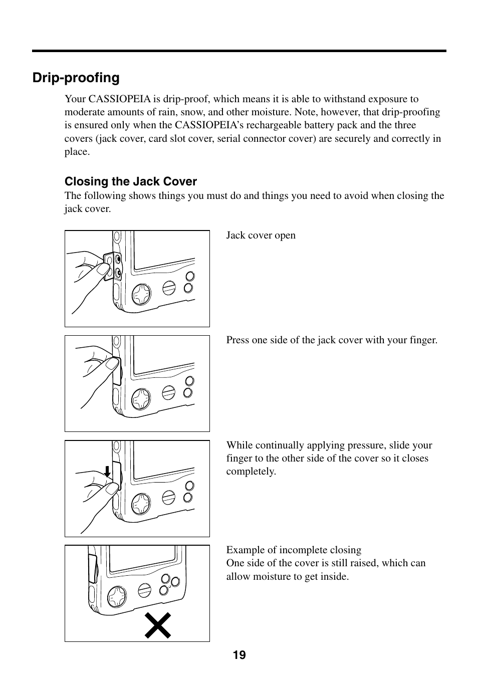 Drip-proofing, Closing the jack cover | Casio EG-800 User Manual | Page 19 / 55