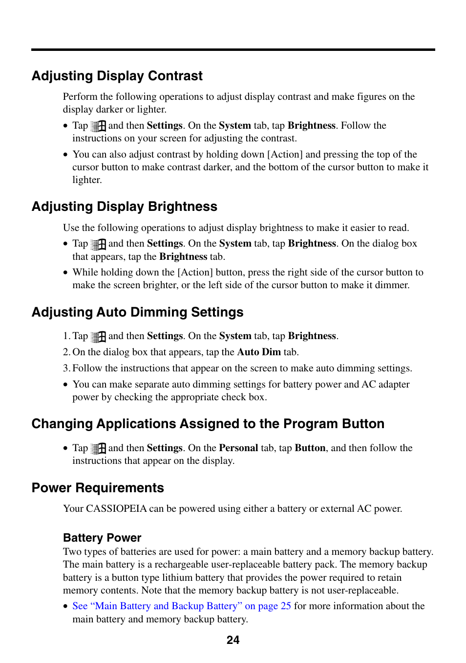 Adjusting display contrast, Adjusting display brightness, Adjusting auto dimming settings | Power requirements, Battery power | Casio EG-800 User Manual | Page 24 / 55