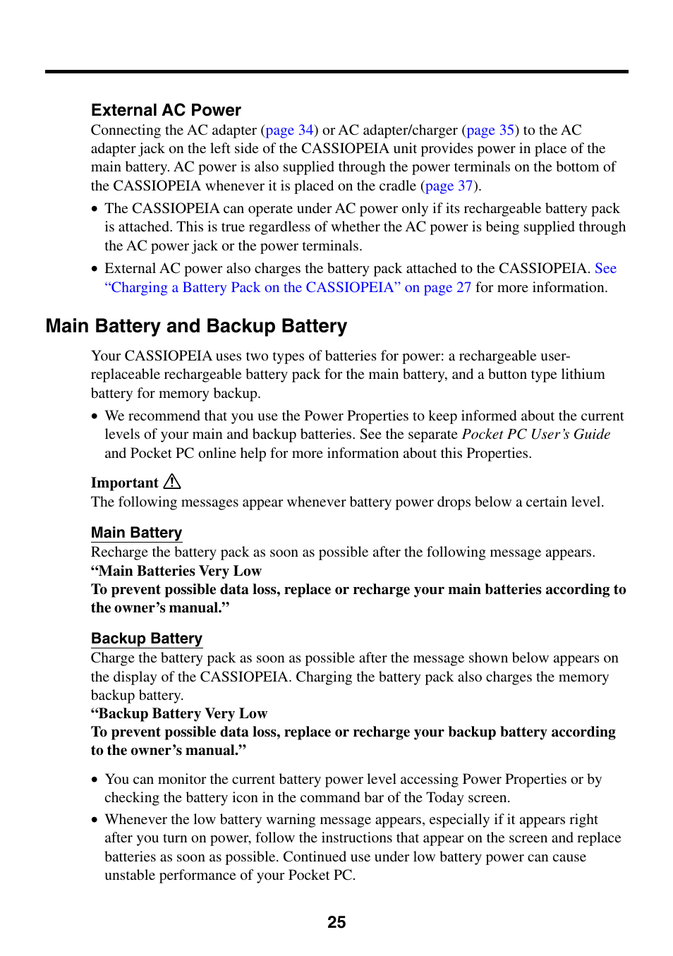 Main battery and backup battery, External ac power | Casio EG-800 User Manual | Page 25 / 55