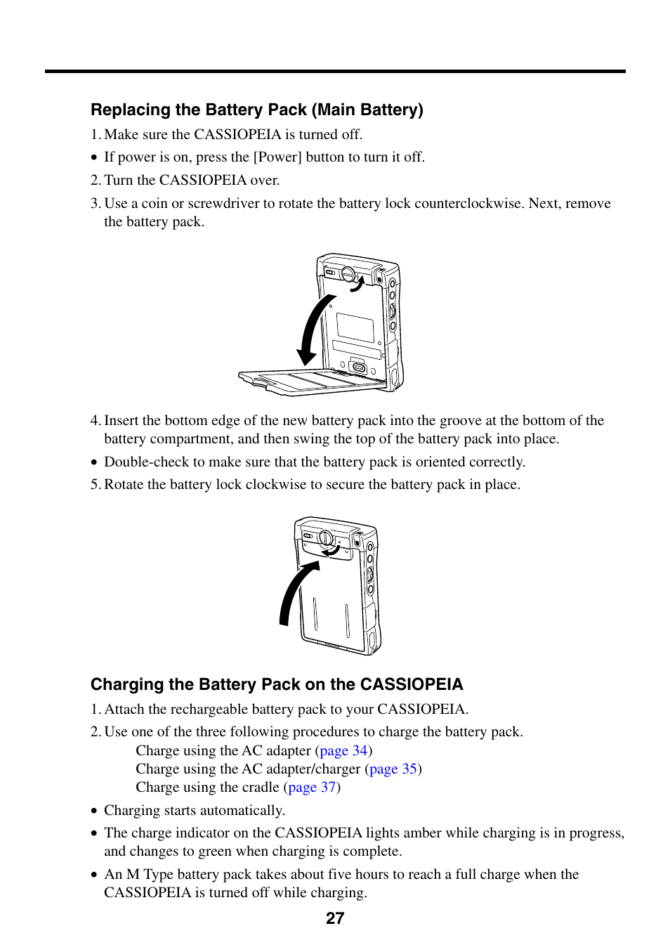 Replacing the battery pack (main battery), Charging the battery pack on the cassiopeia, For more information | Casio EG-800 User Manual | Page 27 / 55