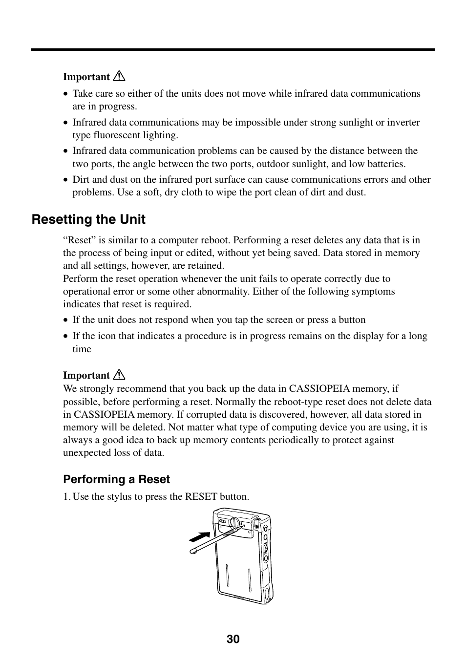 Resetting the unit, Performing a reset | Casio EG-800 User Manual | Page 30 / 55