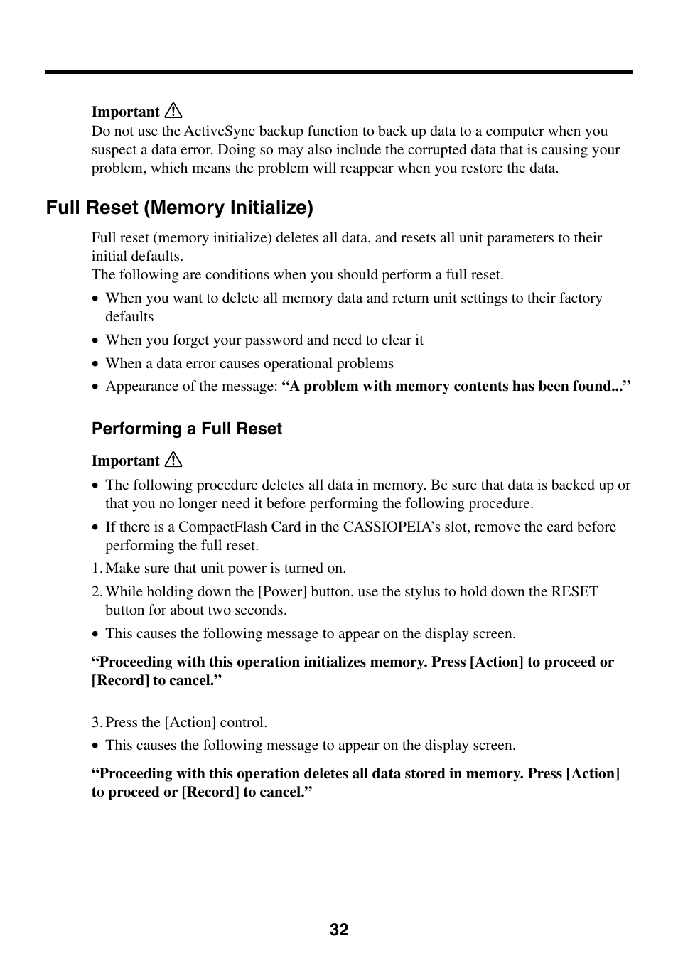 Full reset (memory initialize), Performing a full reset | Casio EG-800 User Manual | Page 32 / 55