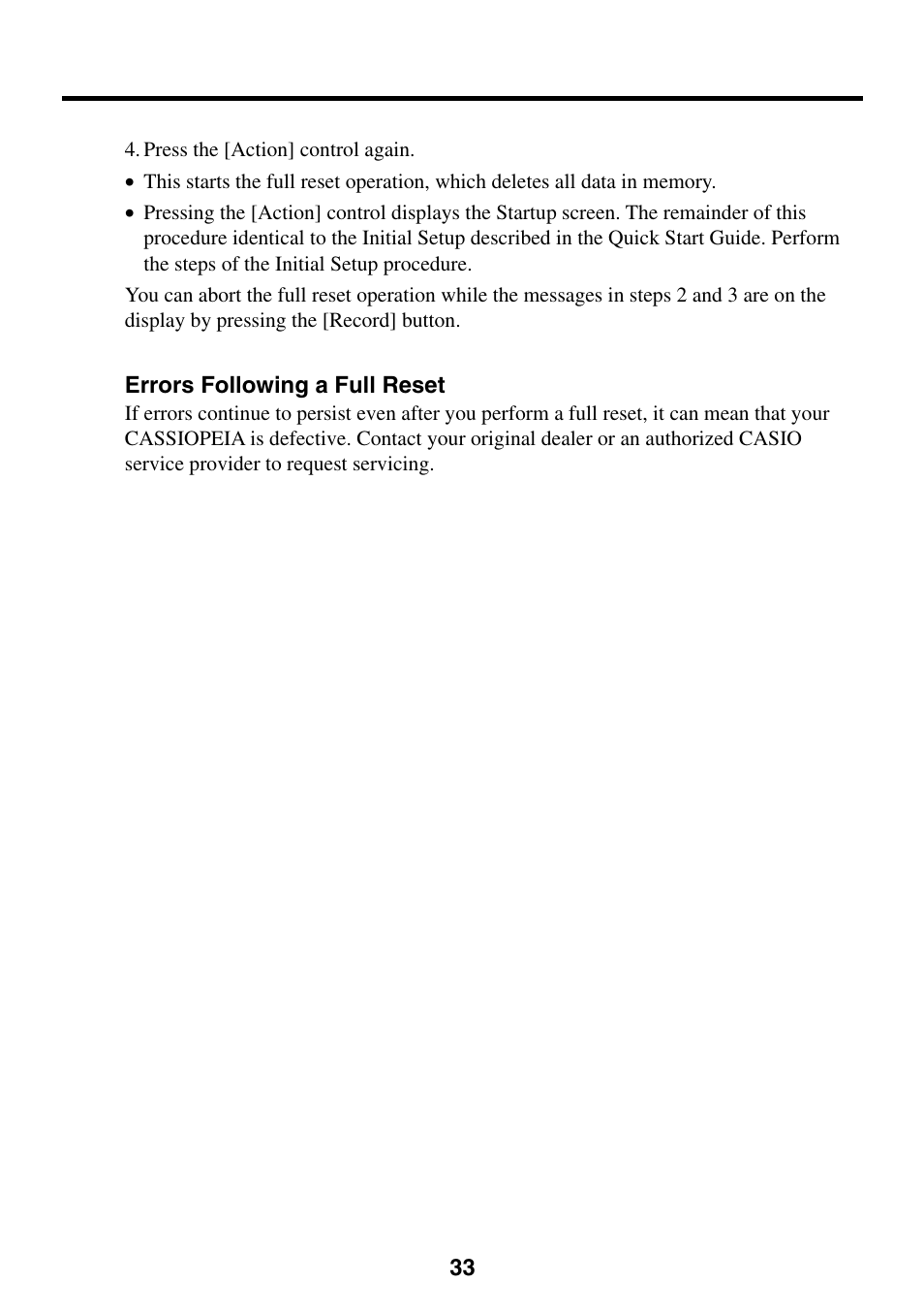 Errors following a full reset | Casio EG-800 User Manual | Page 33 / 55