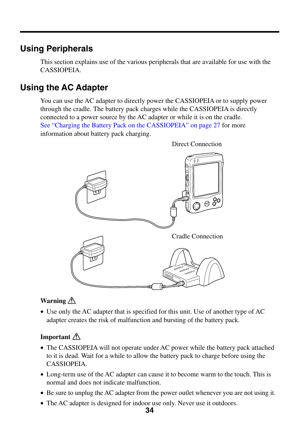 Using peripherals, Using the ac adapter, Ac adapter | Casio EG-800 User Manual | Page 34 / 55