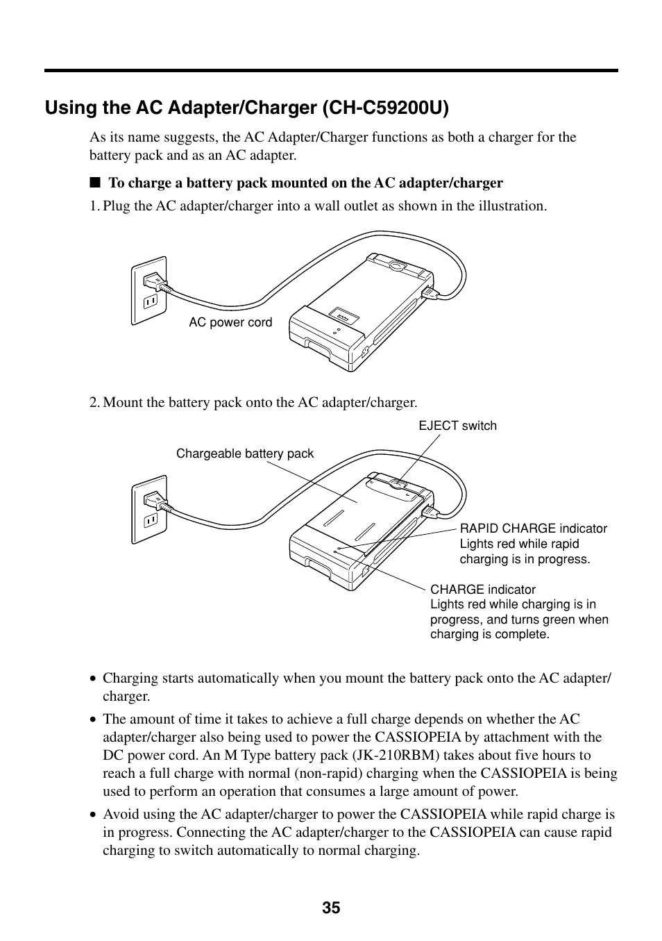 Using the ac adapter/charger (ch-c59200u) | Casio EG-800 User Manual | Page 35 / 55