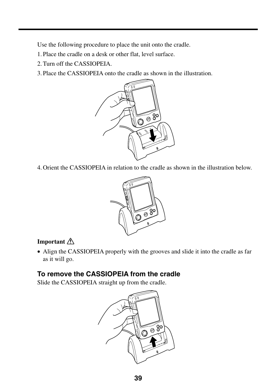 To remove the cassiopeia from the cradle | Casio EG-800 User Manual | Page 39 / 55