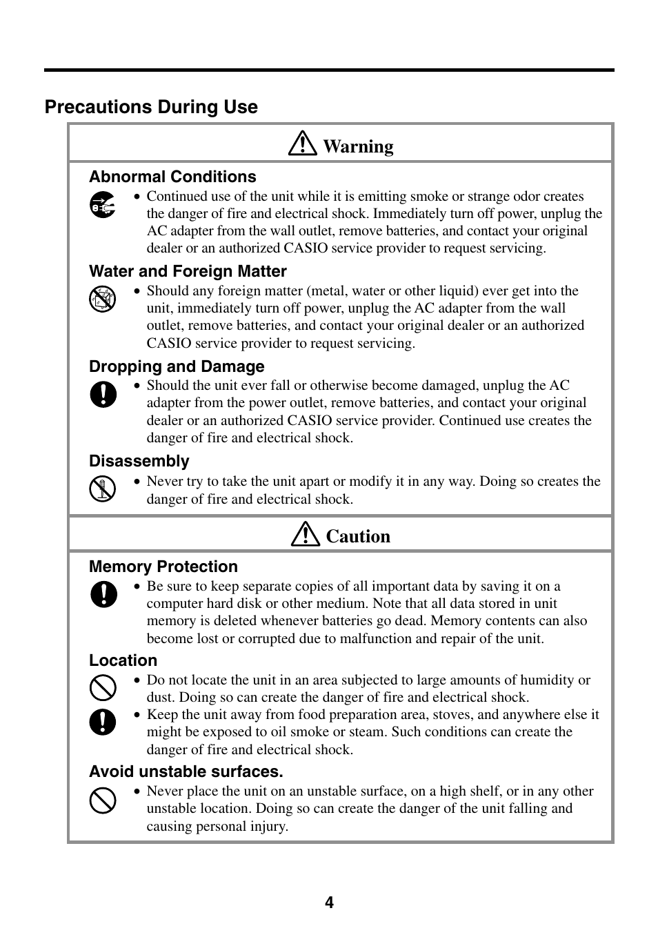 Precautions during use, Precautions during use warning, Caution | Casio EG-800 User Manual | Page 4 / 55