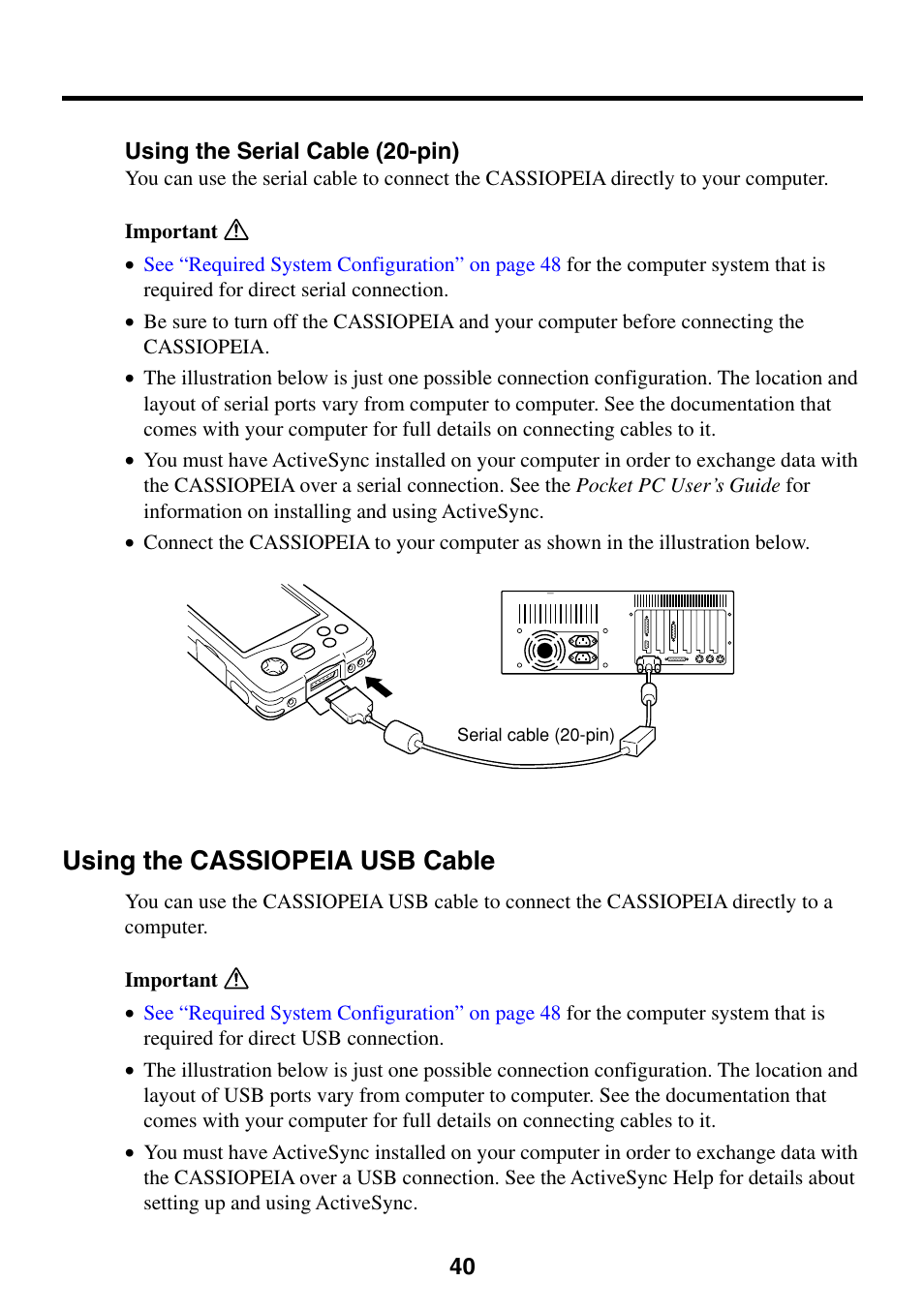 Using the cassiopeia usb cable, Using the serial cable (20-pin) | Casio EG-800 User Manual | Page 40 / 55