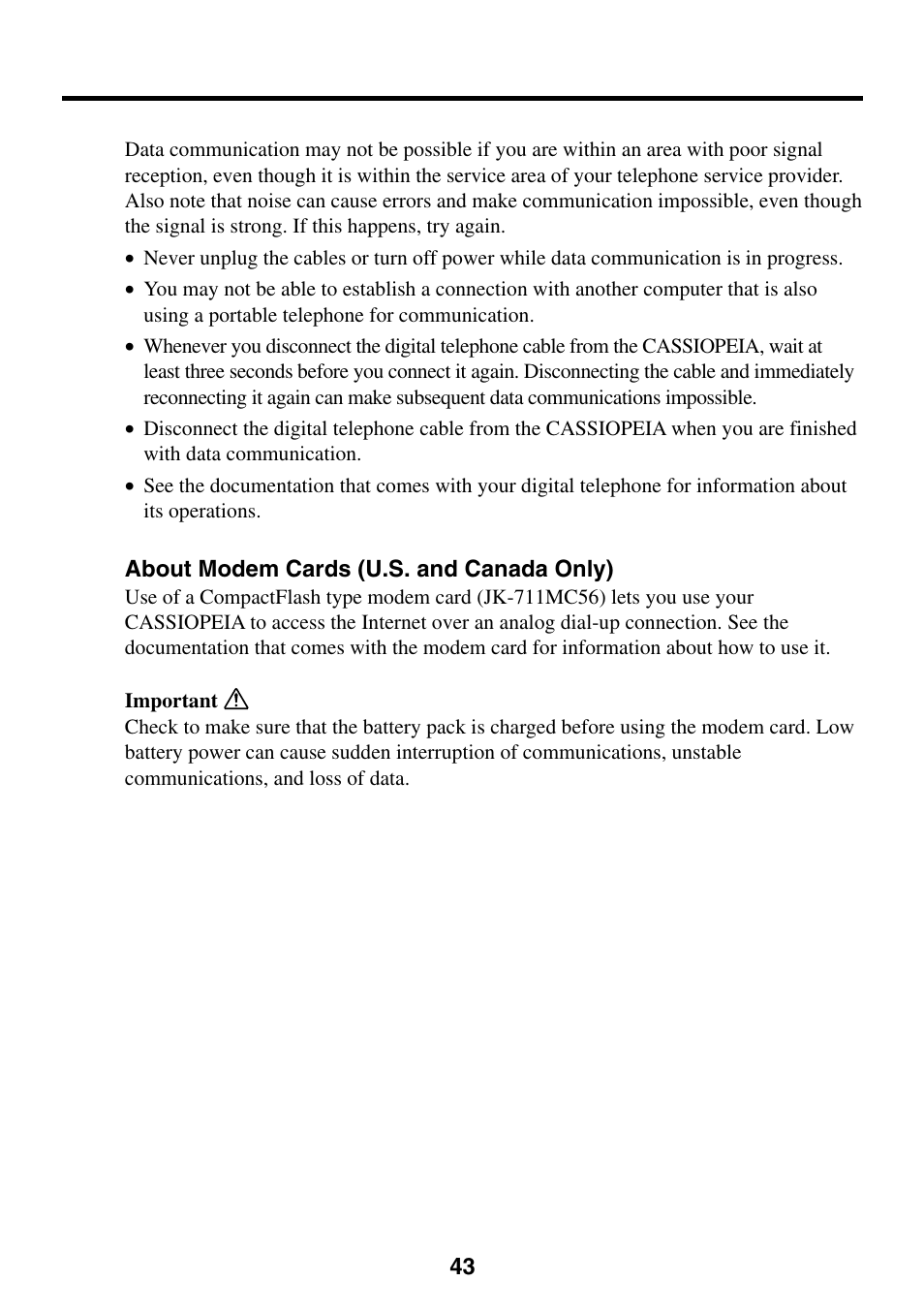 About modem cards (u.s. and canada only) | Casio EG-800 User Manual | Page 43 / 55