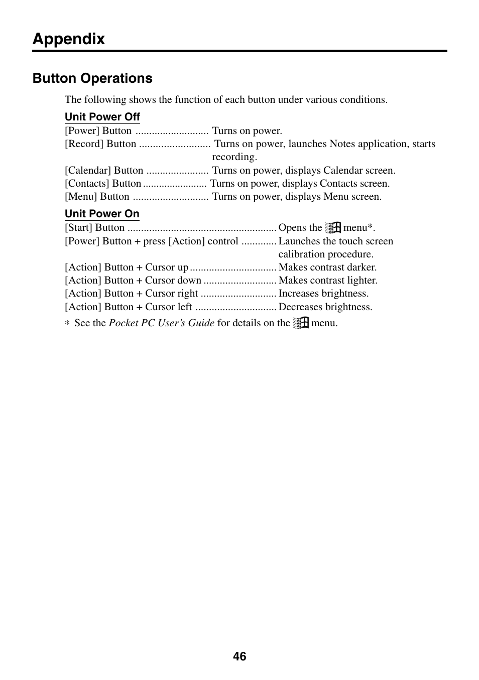 Appendix, Button operations | Casio EG-800 User Manual | Page 46 / 55