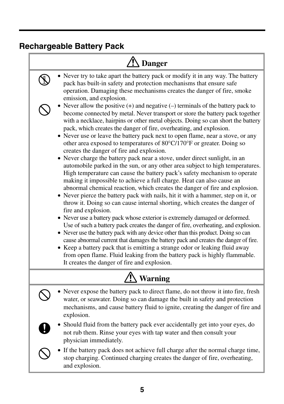 Rechargeable battery pack, Rechargeable battery pack danger, Warning | Casio EG-800 User Manual | Page 5 / 55