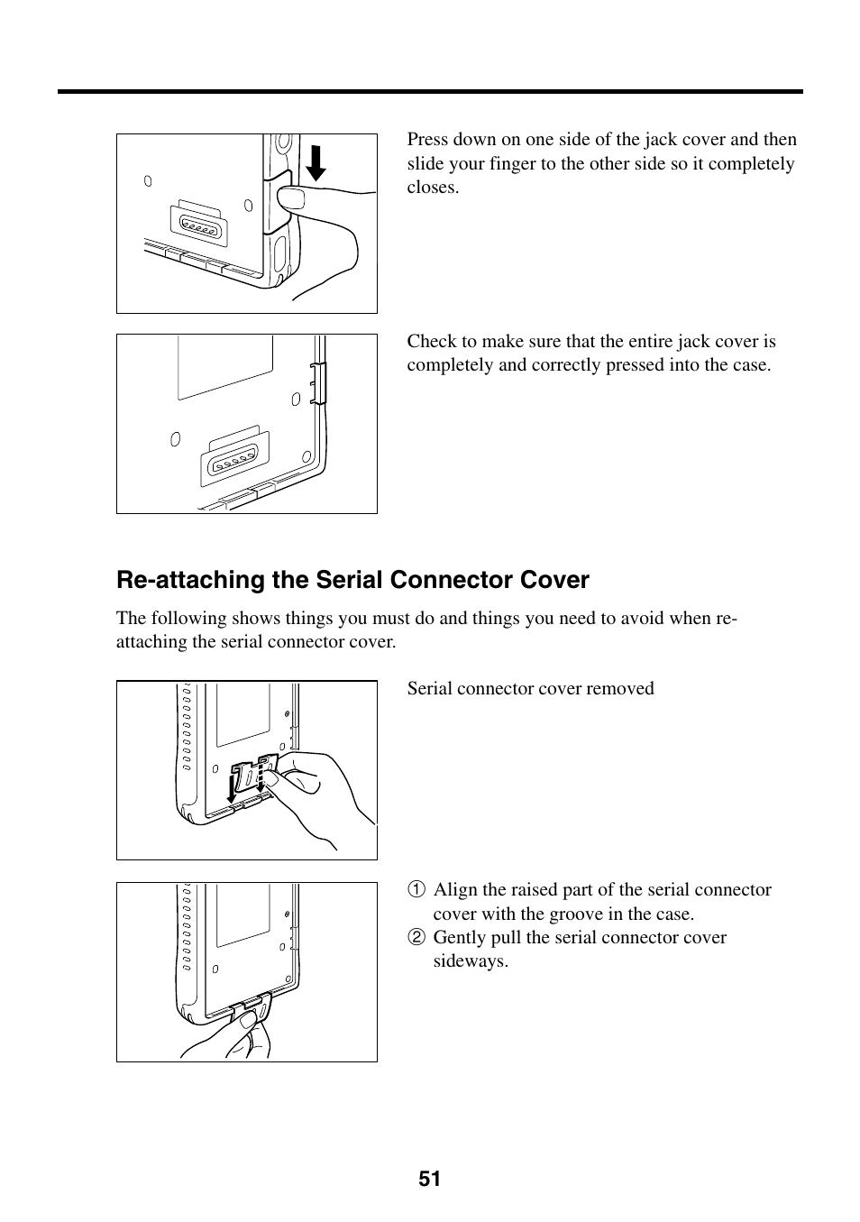 Re-attaching the serial connector cover | Casio EG-800 User Manual | Page 51 / 55