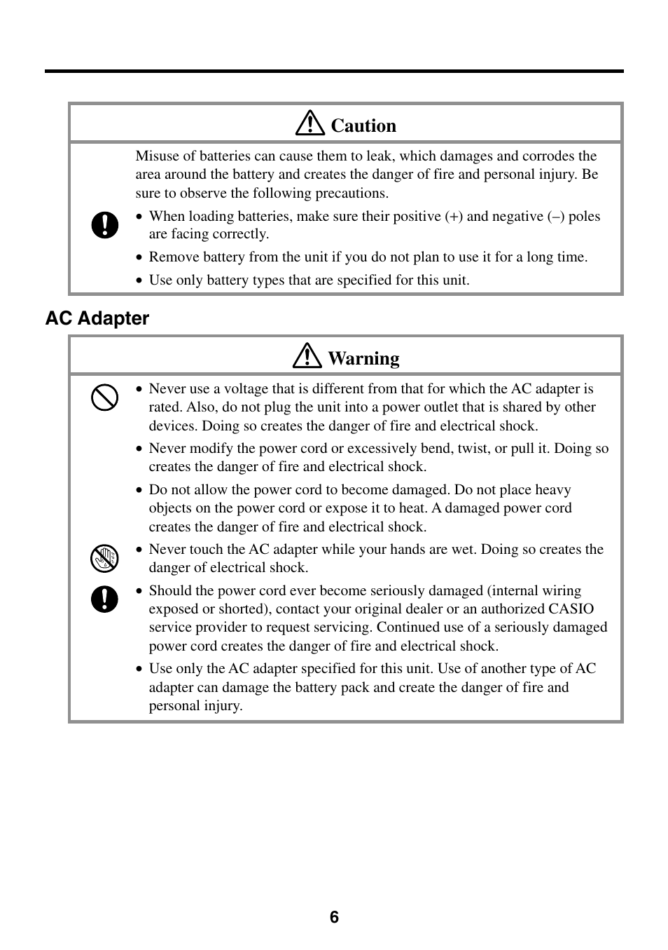 Ac adapter, Caution, Ac adapter warning | Casio EG-800 User Manual | Page 6 / 55