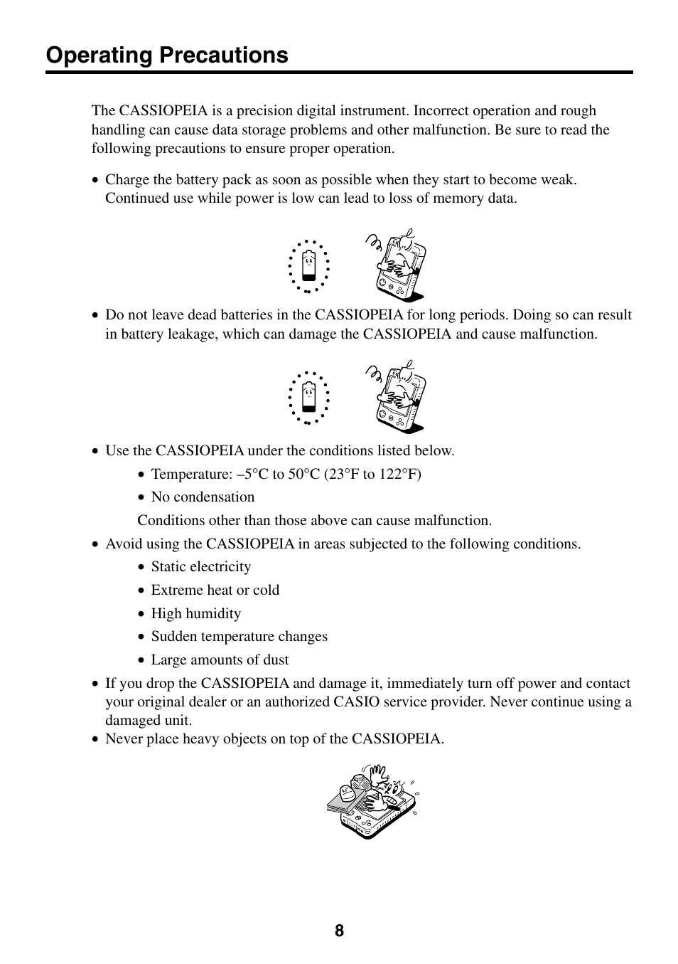 Operating precautions | Casio EG-800 User Manual | Page 8 / 55