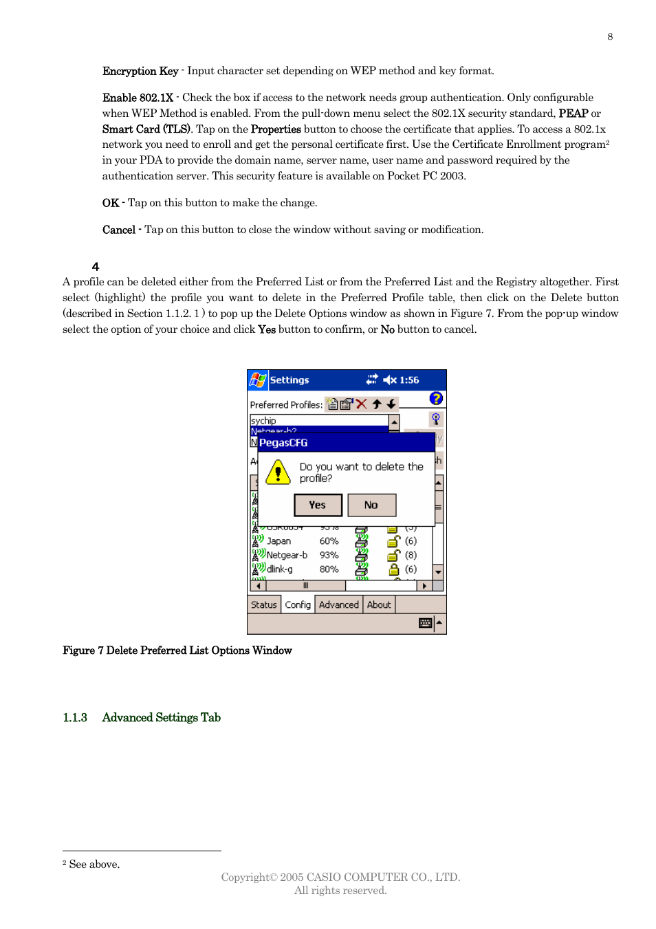 Delete preferred list window, Advanced settings tab | Casio DT-10 User Manual | Page 11 / 22