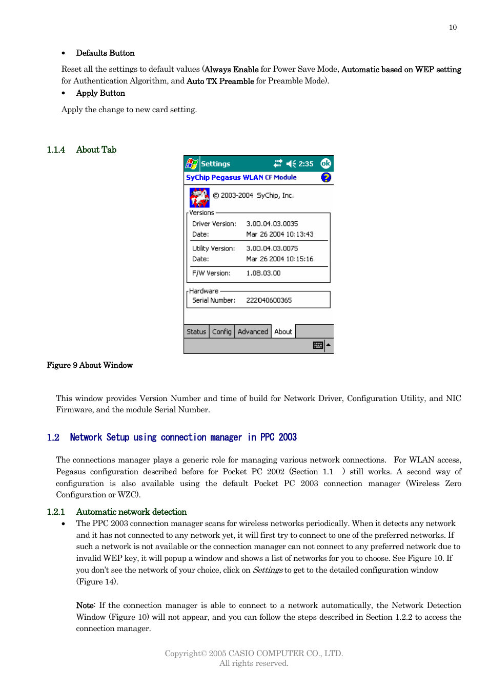 About tab, Network setup using connection manager in ppc 2003, Automatic network detection | Ab ut tab, Etwork, Etup using connection manager in, Automa ic n twork det ction | Casio DT-10 User Manual | Page 13 / 22
