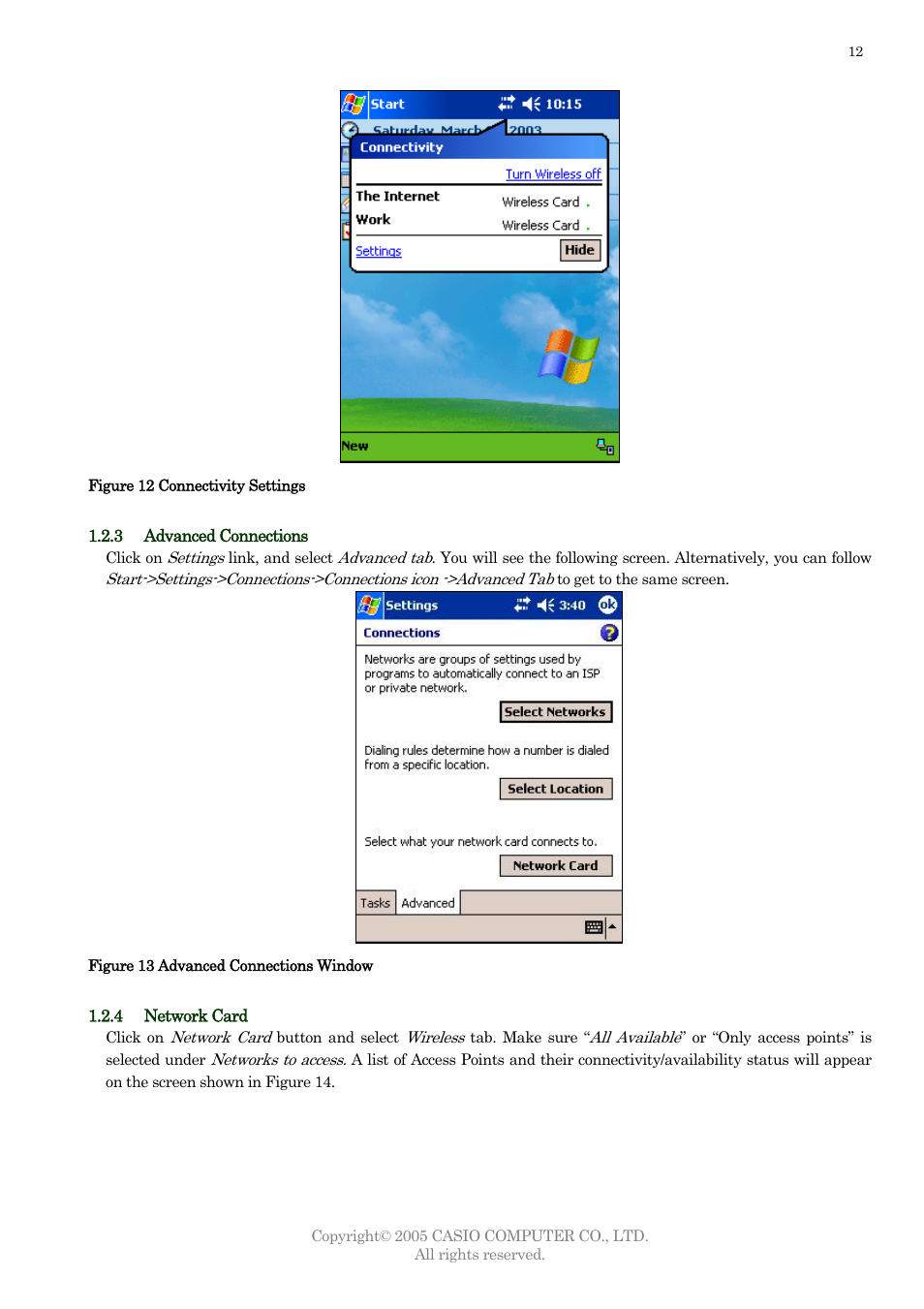 Accessing the connection manager, Advanced connections, Network card | 2 to acc | Casio DT-10 User Manual | Page 15 / 22