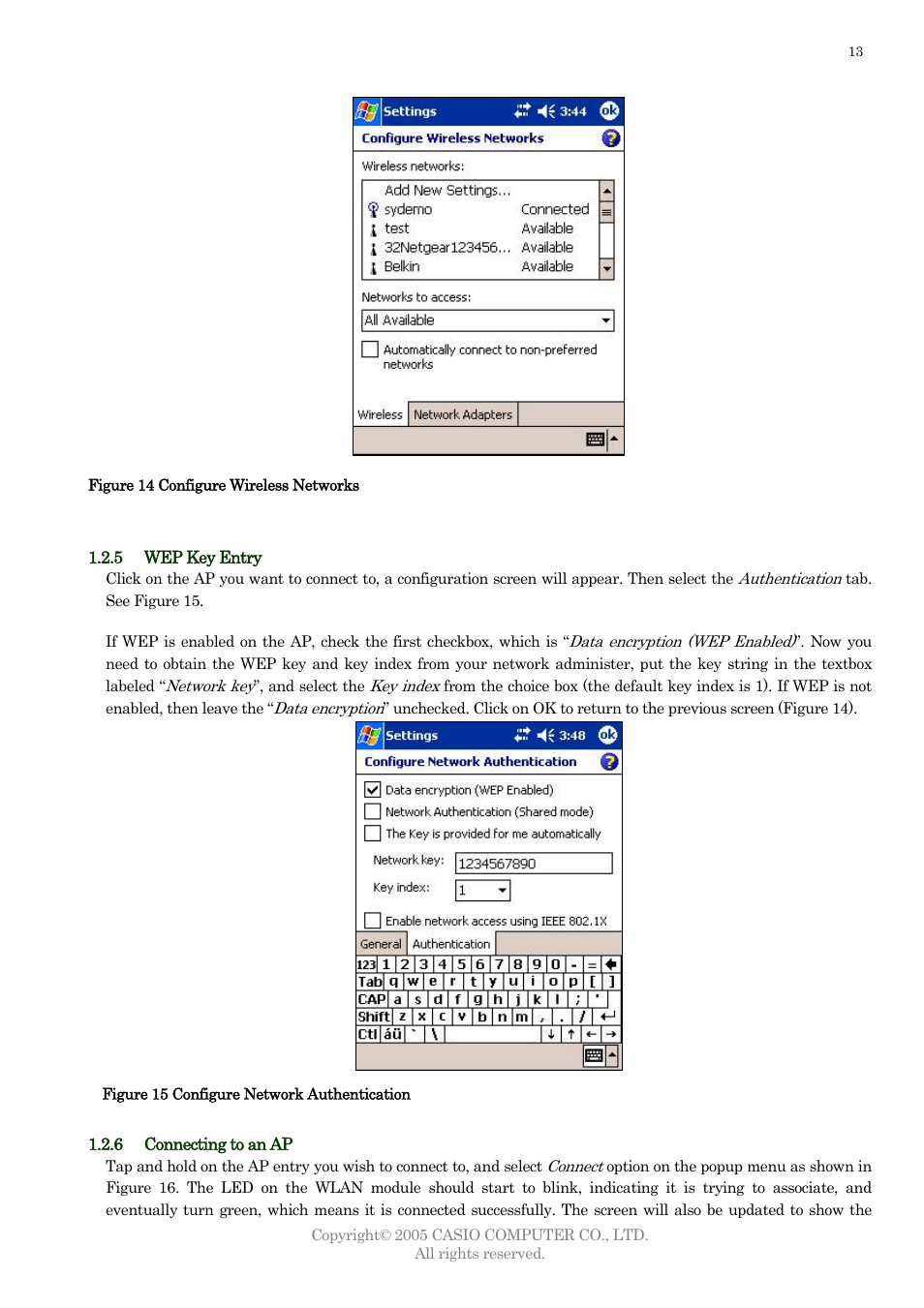 Wep key entry, Connecting to an ap, Figure 14) | Casio DT-10 User Manual | Page 16 / 22
