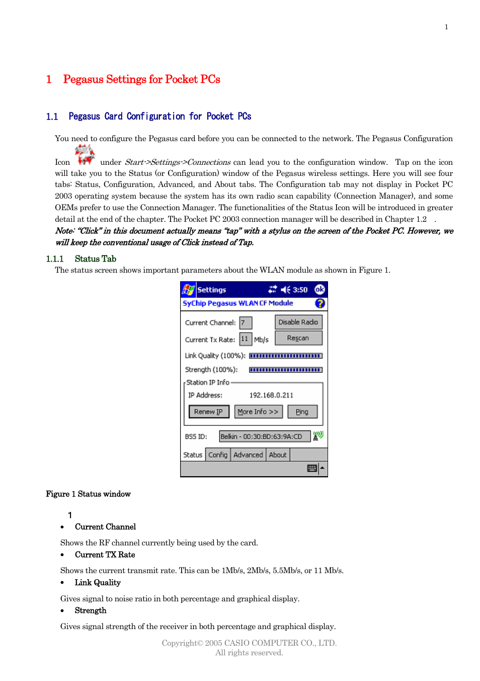 Pegasus settings for pocket pcs, Pegasus card configuration for pocket pcs, Status tab | Information fields, Egasus, Onfiguration for, Ocket, 1 pegasus settings for pocket pcs | Casio DT-10 User Manual | Page 4 / 22
