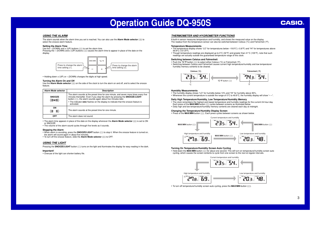Using the alarm, Using the light, Thermometer and hygrometer functions | Operation guide dq-950s | Casio DQ-950S User Manual | Page 3 / 4