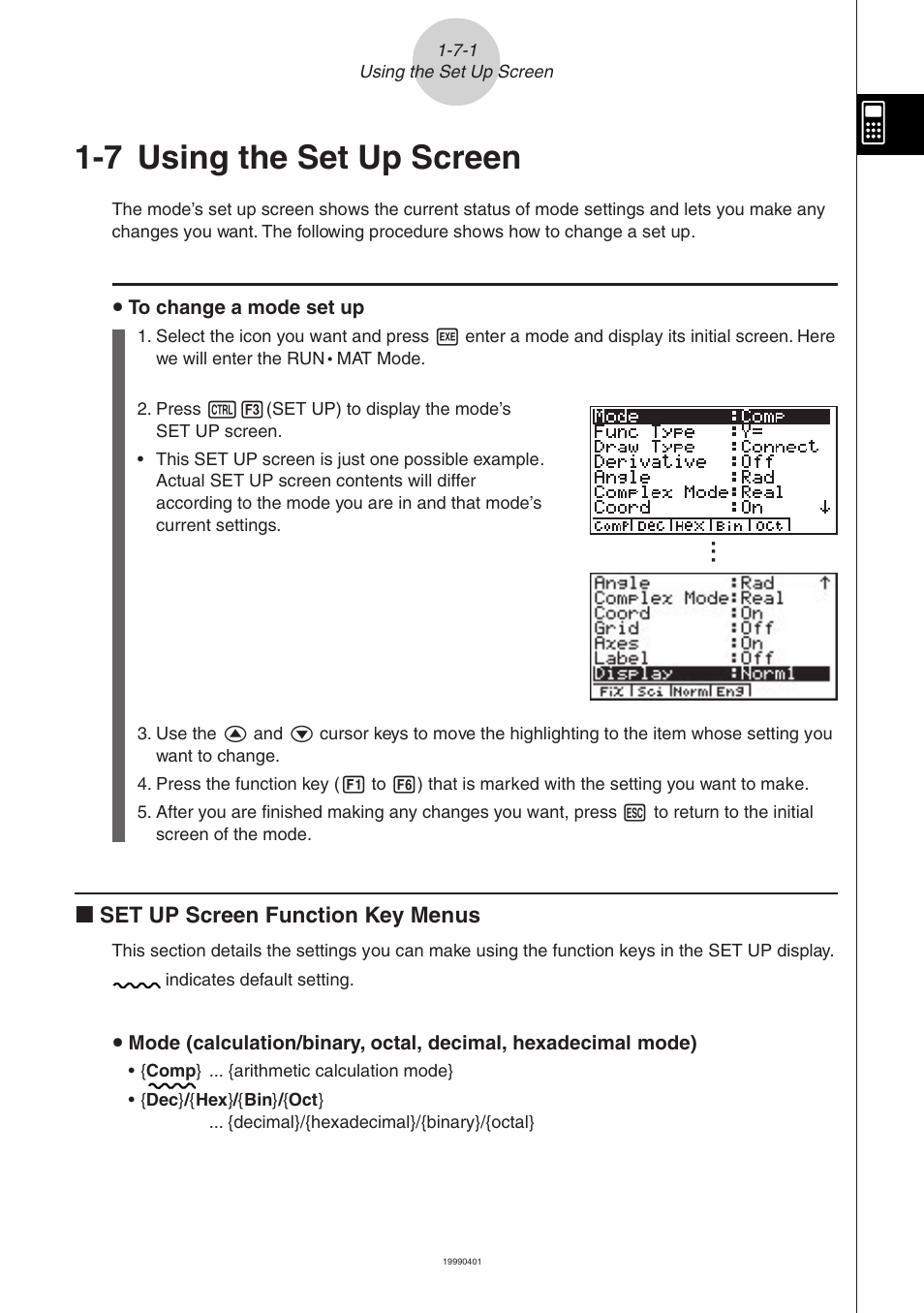 7 using the set up screen, K set up screen function key menus | Casio ALGEBRA FX 2.0 Basic Operation User Manual | Page 23 / 28