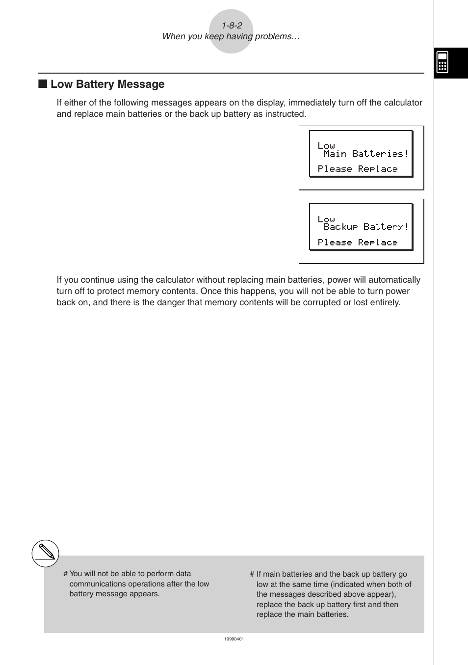 Kk low battery message | Casio ALGEBRA FX 2.0 Basic Operation User Manual | Page 28 / 28