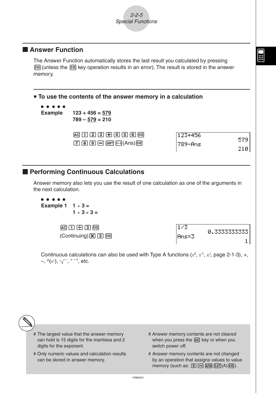 Kk answer function, Kk performing continuous calculations | Casio ALGEBRA FX 2.0 Manual Calculations User Manual | Page 12 / 70