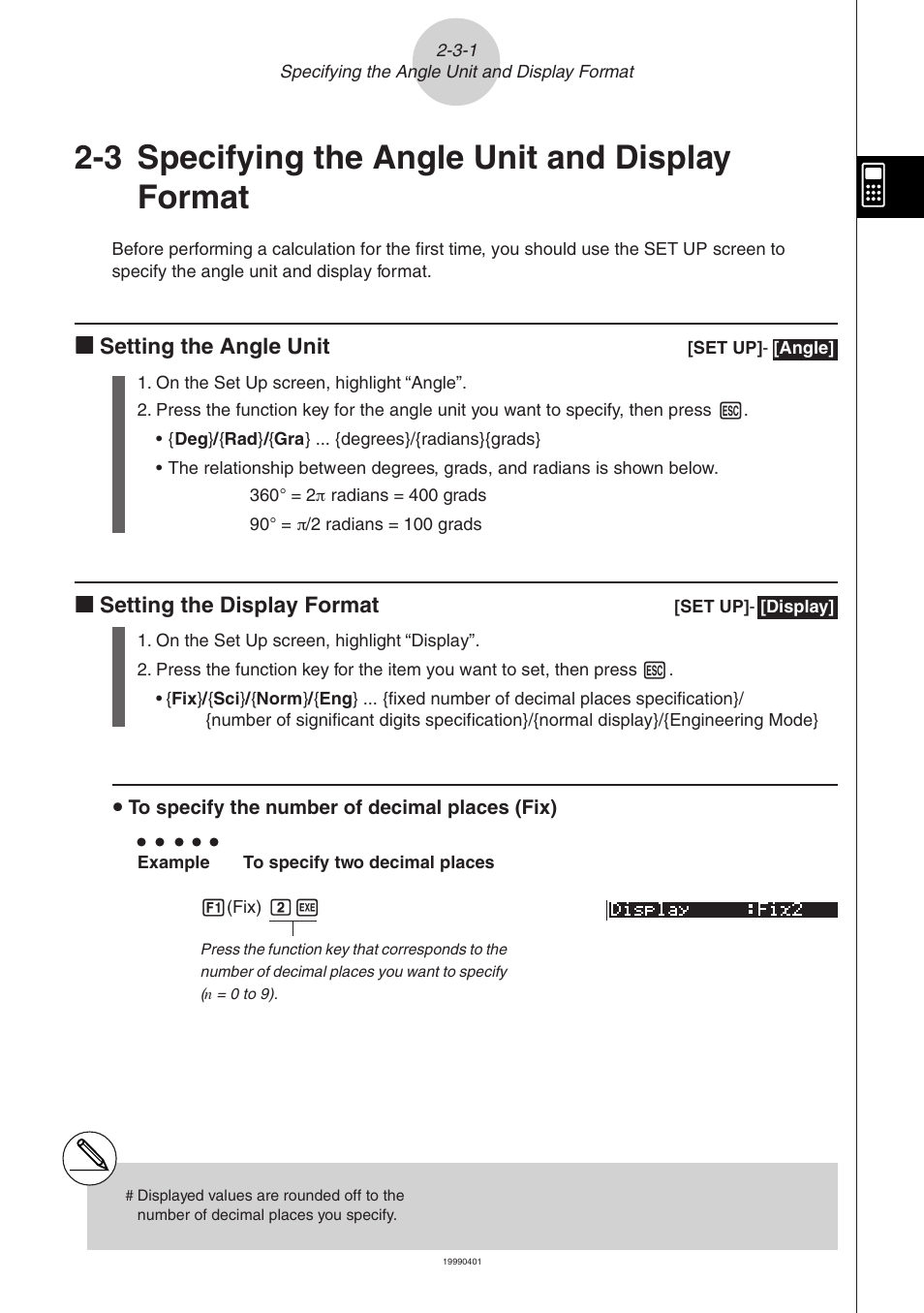 3 specifying the angle unit and display format | Casio ALGEBRA FX 2.0 Manual Calculations User Manual | Page 15 / 70