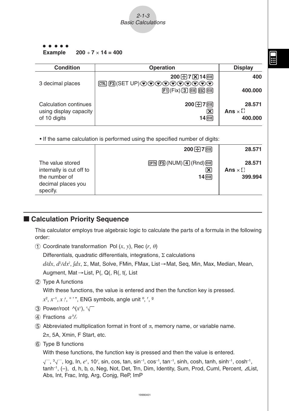 Kk calculation priority sequence | Casio ALGEBRA FX 2.0 Manual Calculations User Manual | Page 4 / 70