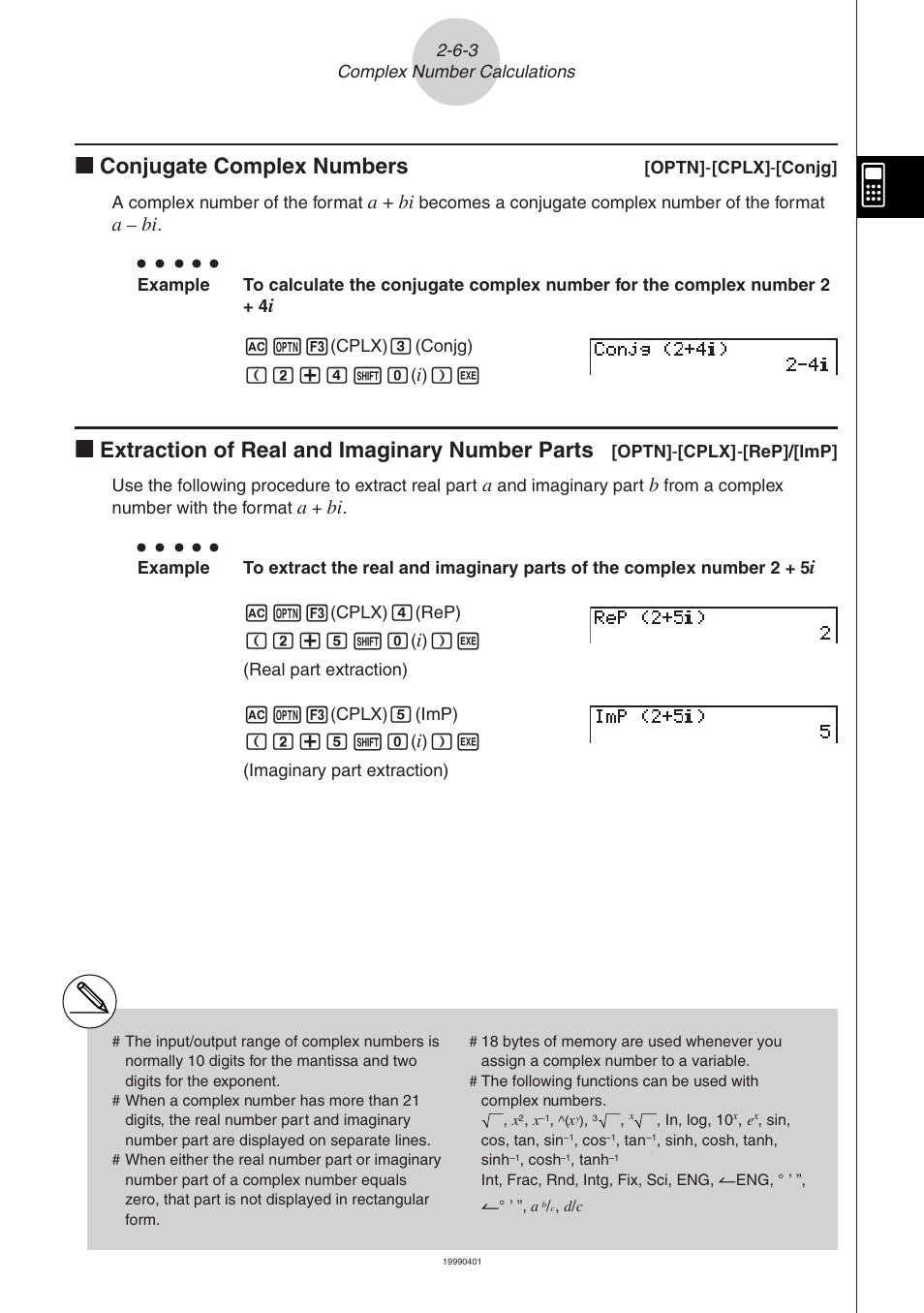 Kk conjugate complex numbers, Kk extraction of real and imaginary number parts, A + bi | A – bi | Casio ALGEBRA FX 2.0 Manual Calculations User Manual | Page 43 / 70