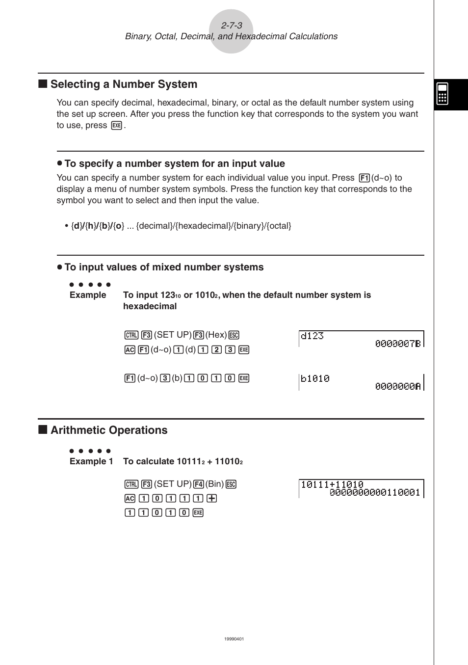Kk selecting a number system, Kk arithmetic operations | Casio ALGEBRA FX 2.0 Manual Calculations User Manual | Page 47 / 70