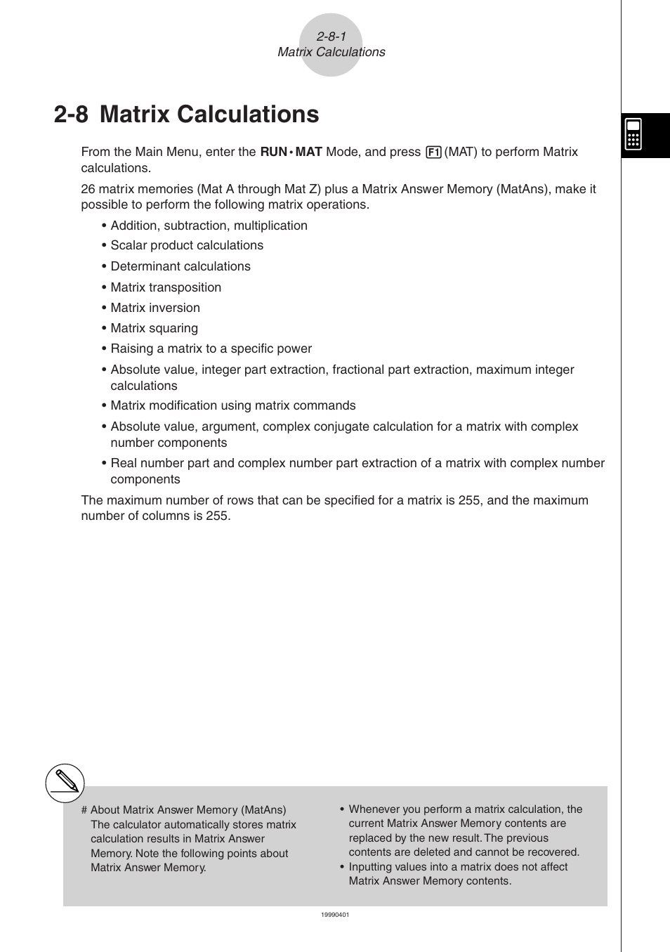 8 matrix calculations | Casio ALGEBRA FX 2.0 Manual Calculations User Manual | Page 50 / 70