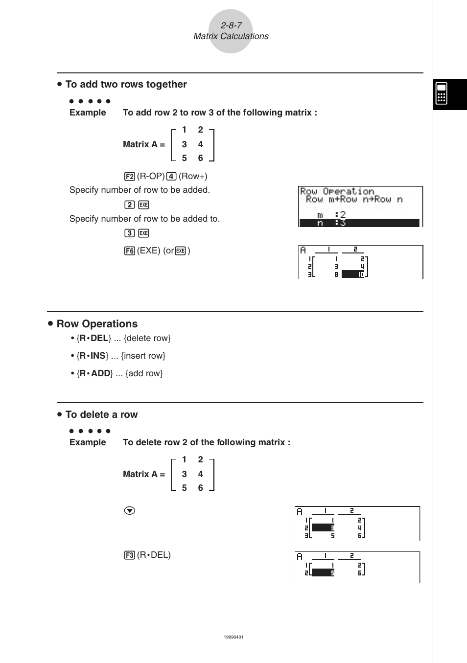 Row operations, U to add two rows together, U to delete a row | Casio ALGEBRA FX 2.0 Manual Calculations User Manual | Page 56 / 70