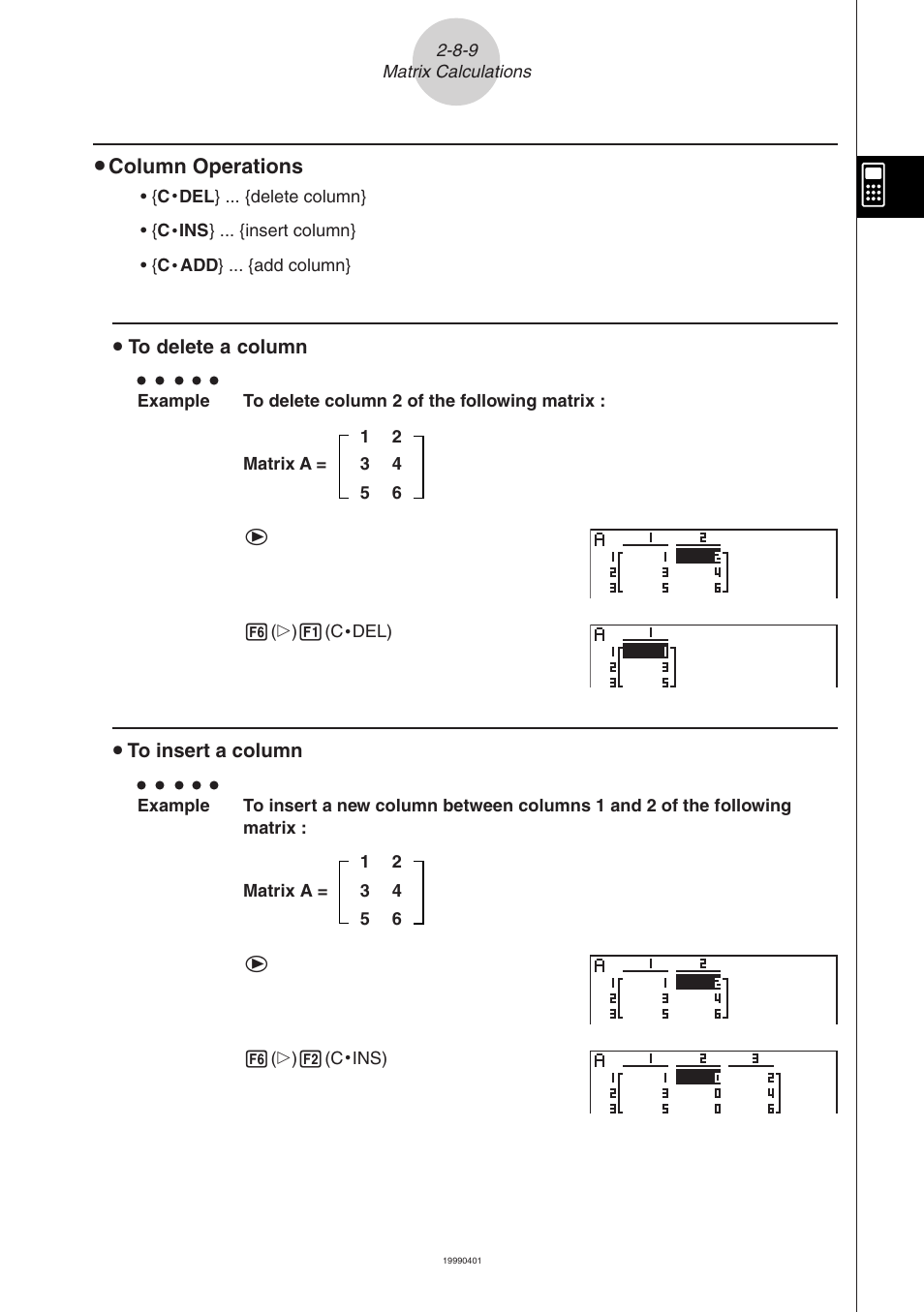 Column operations, U to delete a column, U to insert a column | Casio ALGEBRA FX 2.0 Manual Calculations User Manual | Page 58 / 70