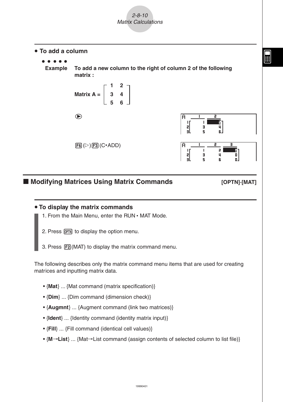 K modifying matrices using matrix commands | Casio ALGEBRA FX 2.0 Manual Calculations User Manual | Page 59 / 70