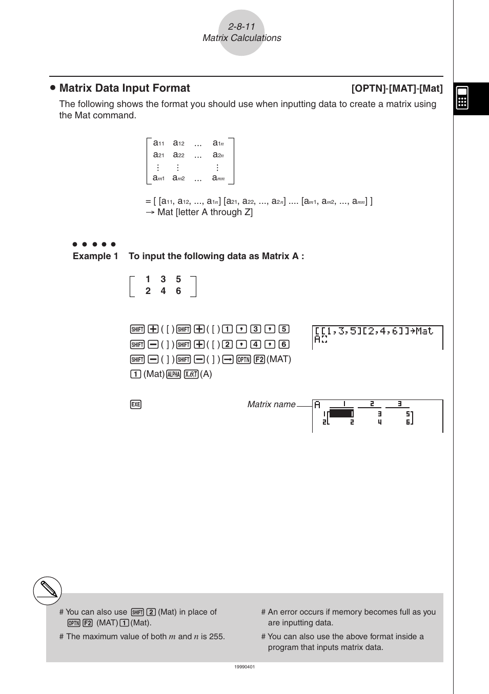 Matrix data input format, Optn] - [mat] - [mat | Casio ALGEBRA FX 2.0 Manual Calculations User Manual | Page 60 / 70
