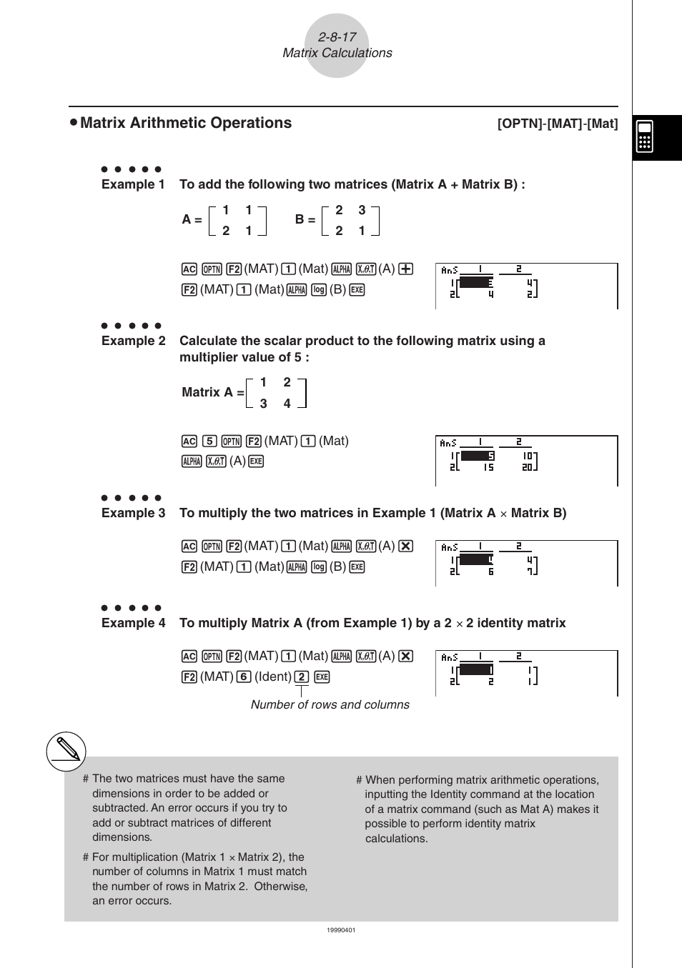 Matrix arithmetic operations | Casio ALGEBRA FX 2.0 Manual Calculations User Manual | Page 66 / 70