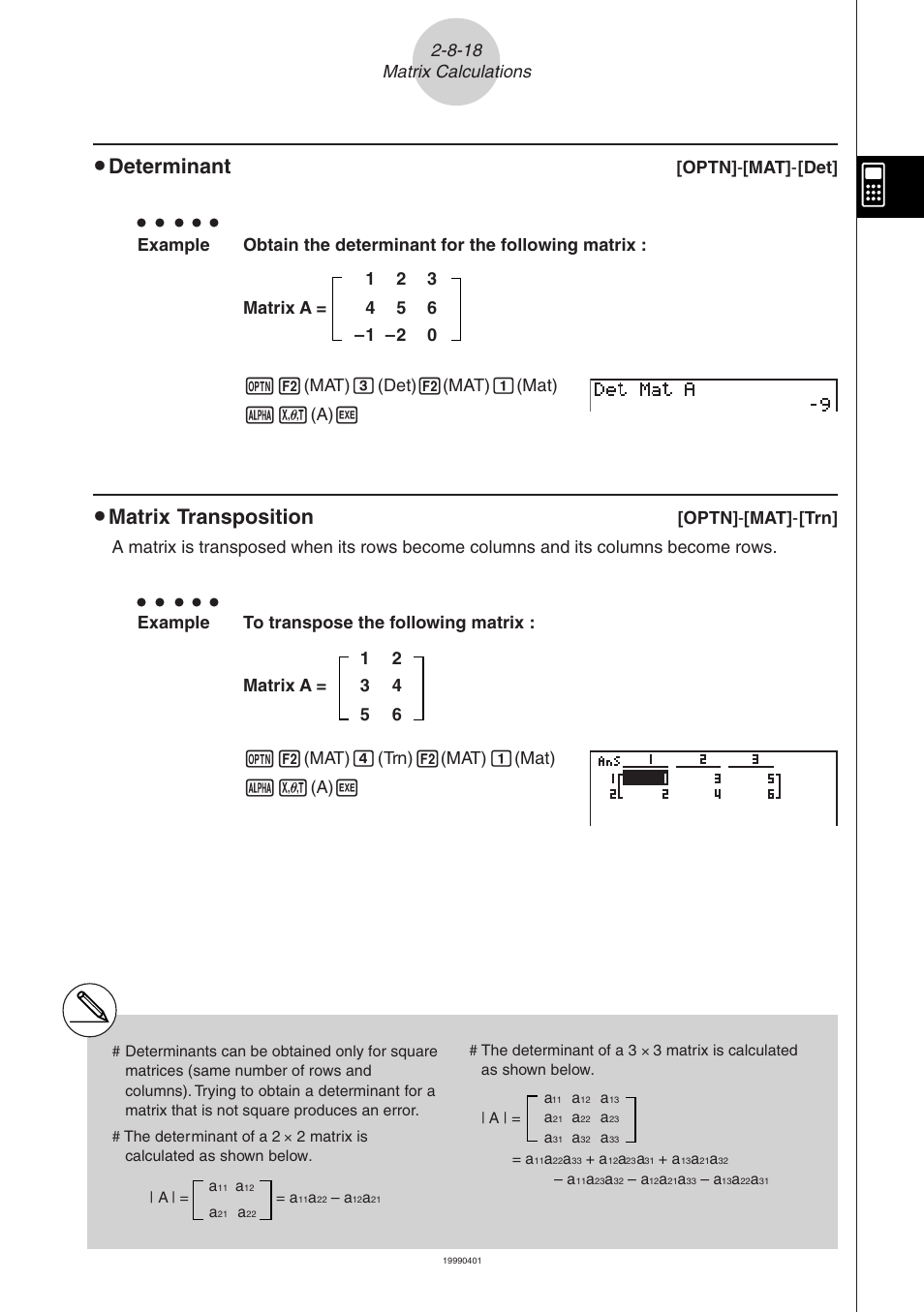 Determinant, Matrix transposition, Optn] - [mat] - [det | Casio ALGEBRA FX 2.0 Manual Calculations User Manual | Page 67 / 70