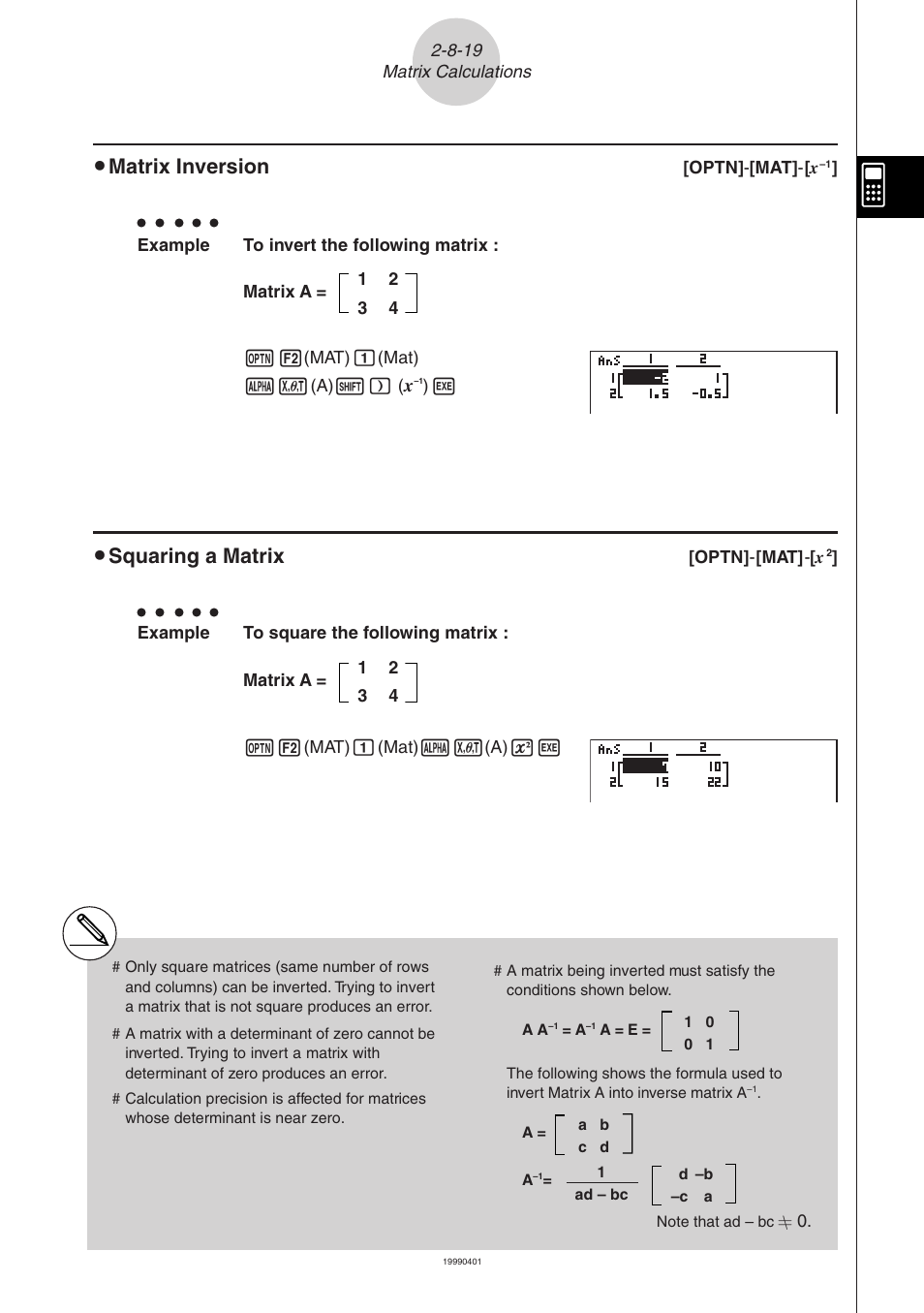 Matrix inversion, Squaring a matrix | Casio ALGEBRA FX 2.0 Manual Calculations User Manual | Page 68 / 70
