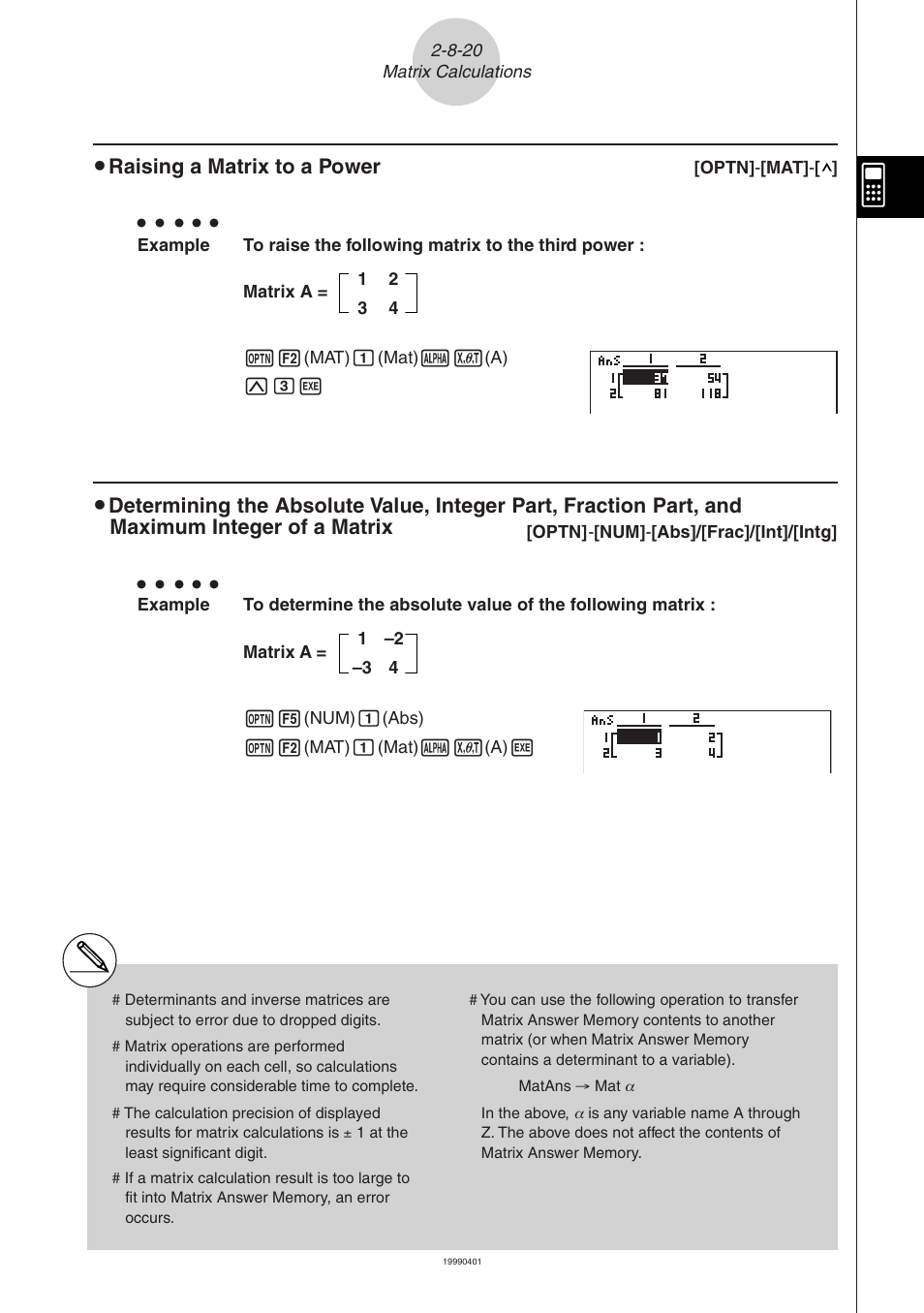 Raising a matrix to a power | Casio ALGEBRA FX 2.0 Manual Calculations User Manual | Page 69 / 70