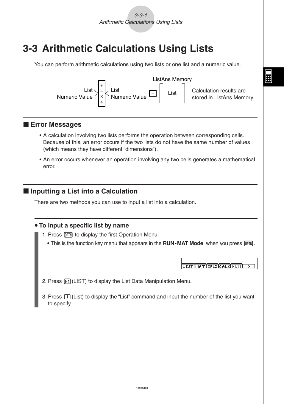3 arithmetic calculations using lists, K error messages, K inputting a list into a calculation | Casio ALGEBRA FX 2.0 List Function User Manual | Page 17 / 22