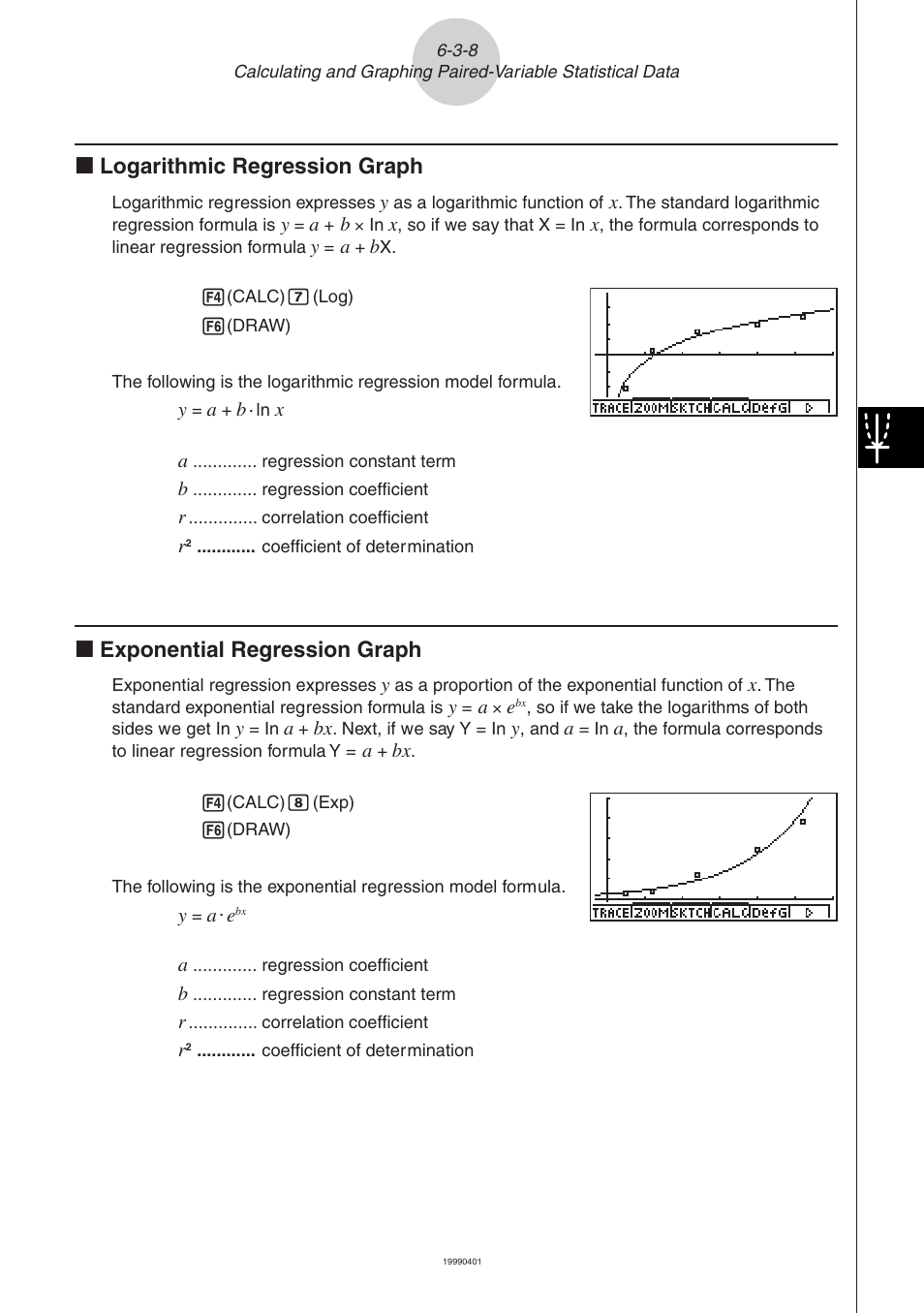 K logarithmic regression graph, K exponential regression graph | Casio ALGEBRA FX 2.0 Statistical Graphs and Calculations User Manual | Page 17 / 32