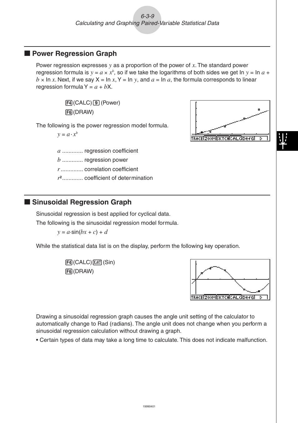 Kk power regression graph, Kk sinusoidal regression graph | Casio ALGEBRA FX 2.0 Statistical Graphs and Calculations User Manual | Page 18 / 32