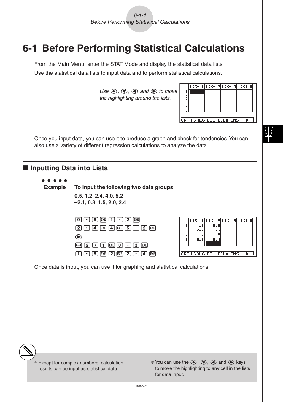 1 before performing statistical calculations, K inputting data into lists | Casio ALGEBRA FX 2.0 Statistical Graphs and Calculations User Manual | Page 2 / 32