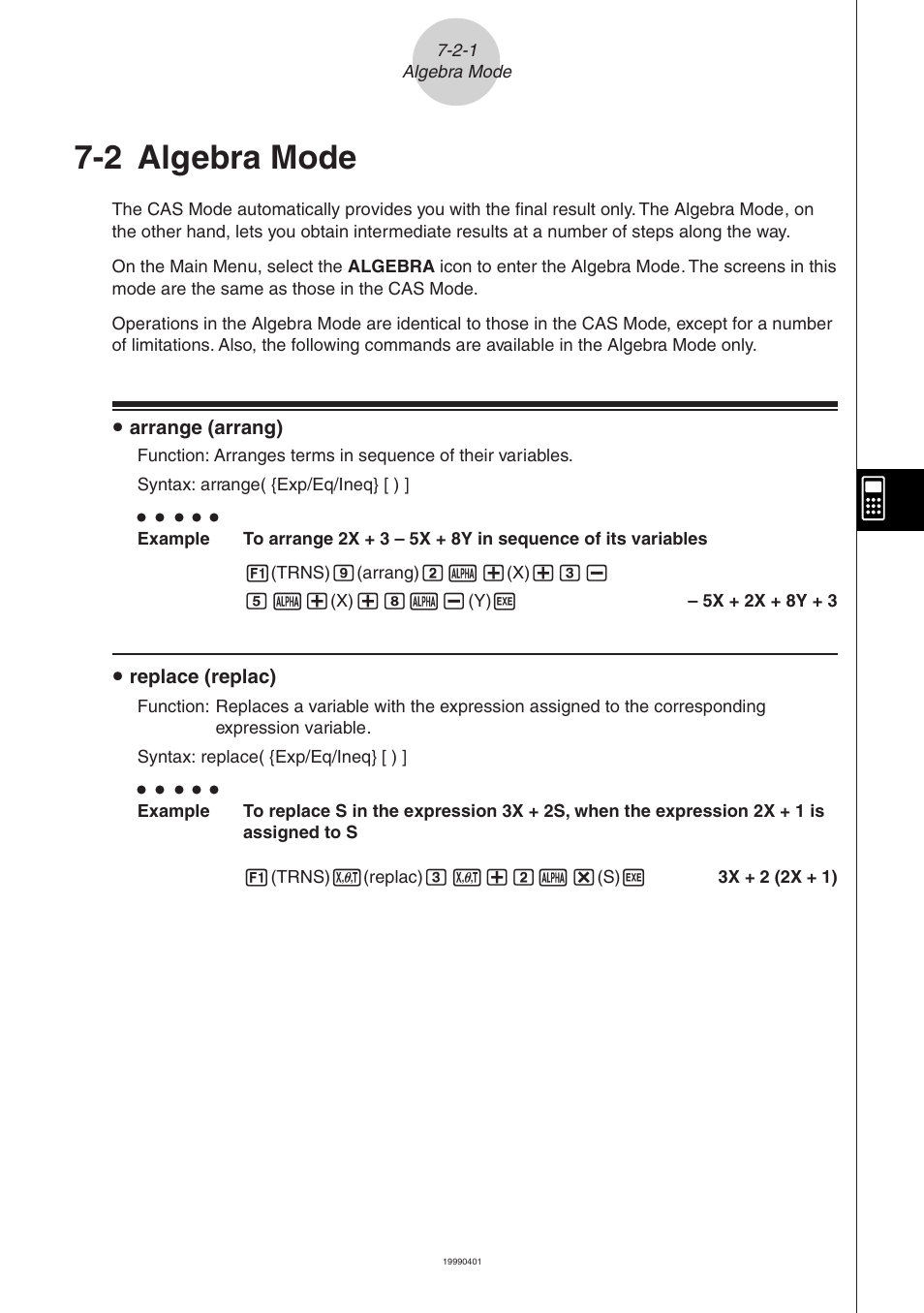 2 algebra mode | Casio ALGEBRA FX 2.0 Computer Algebra System and Tutorial Modes User Manual | Page 19 / 30