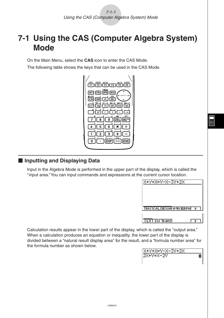 1 using the cas (computer algebra system) mode, Kk inputting and displaying data | Casio ALGEBRA FX 2.0 Computer Algebra System and Tutorial Modes User Manual | Page 2 / 30