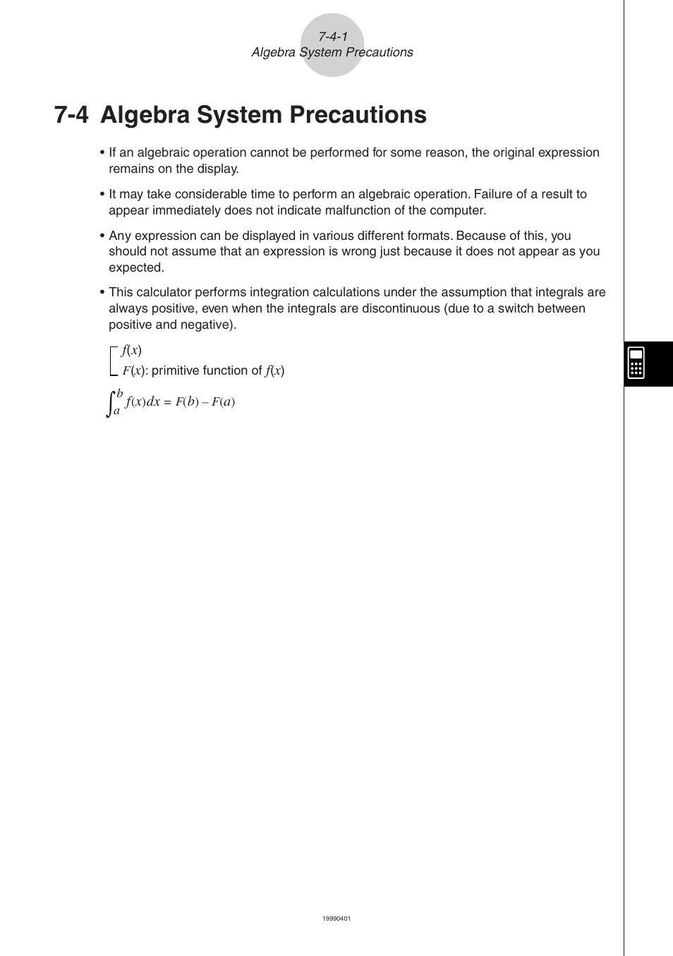 4 algebra system precautions | Casio ALGEBRA FX 2.0 Computer Algebra System and Tutorial Modes User Manual | Page 29 / 30