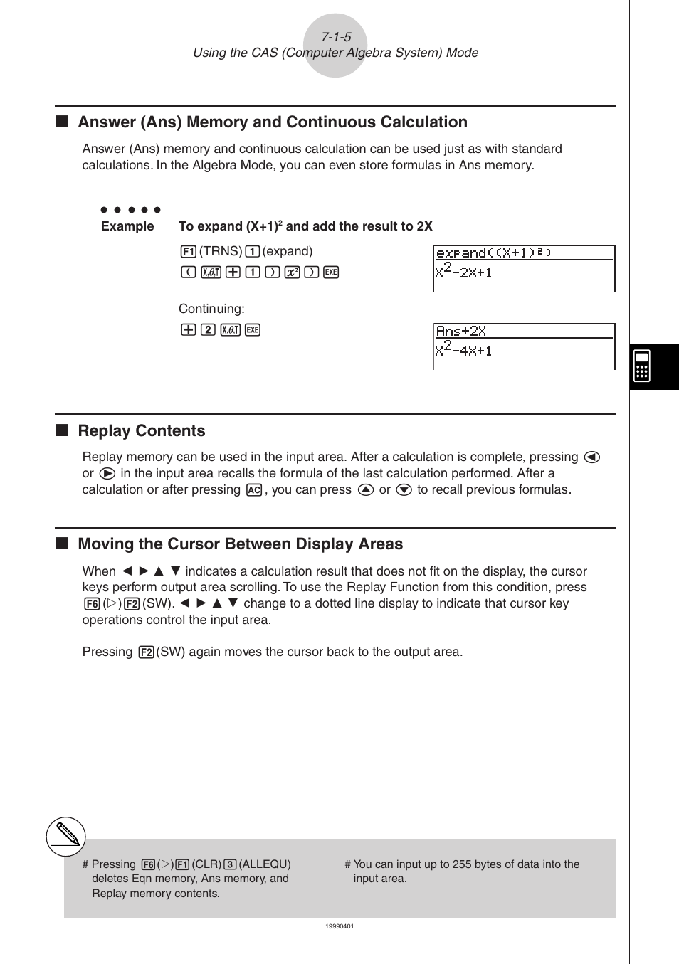 K replay contents, K moving the cursor between display areas | Casio ALGEBRA FX 2.0 Computer Algebra System and Tutorial Modes User Manual | Page 6 / 30