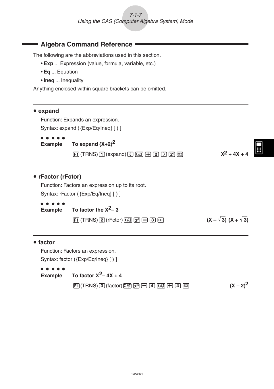 Algebra command reference | Casio ALGEBRA FX 2.0 Computer Algebra System and Tutorial Modes User Manual | Page 8 / 30